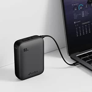 URBN 20000mAh 65W Smallest Rapid Charging Nano Power Bank with Inbuilt USB-C Cable PD, QC & PPS Compatible Dual Output Compact Power Bank for Laptop, Smartphone & Tablet, Grey