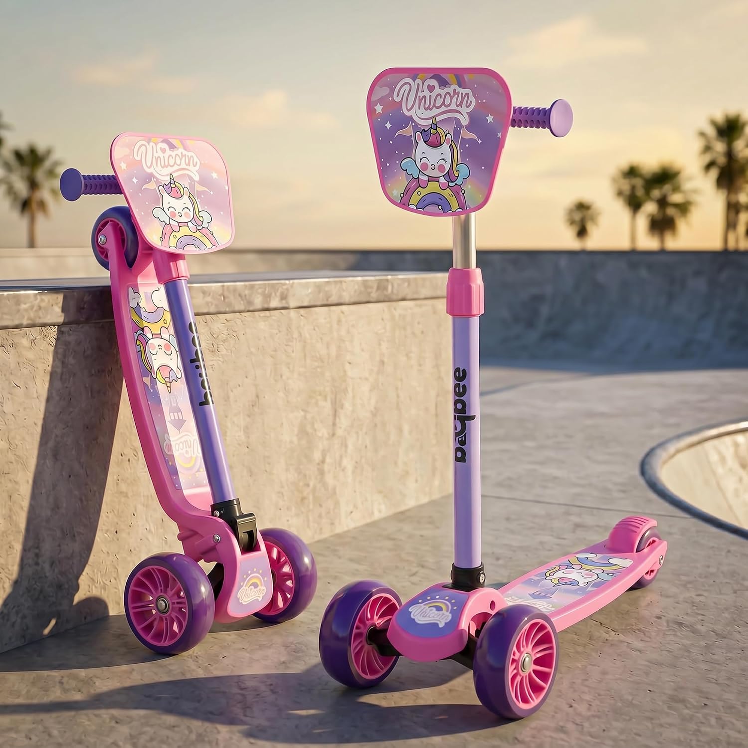 Baybee Trickster Baby Kick Scooter for Kids | Foldable 3 Wheel Kids Scooter with 4 Height Adjustable & Foot Brake | Runner Scooters with Magic Board | Skate Scooter for 2+ Years Boy Girl (Pink)