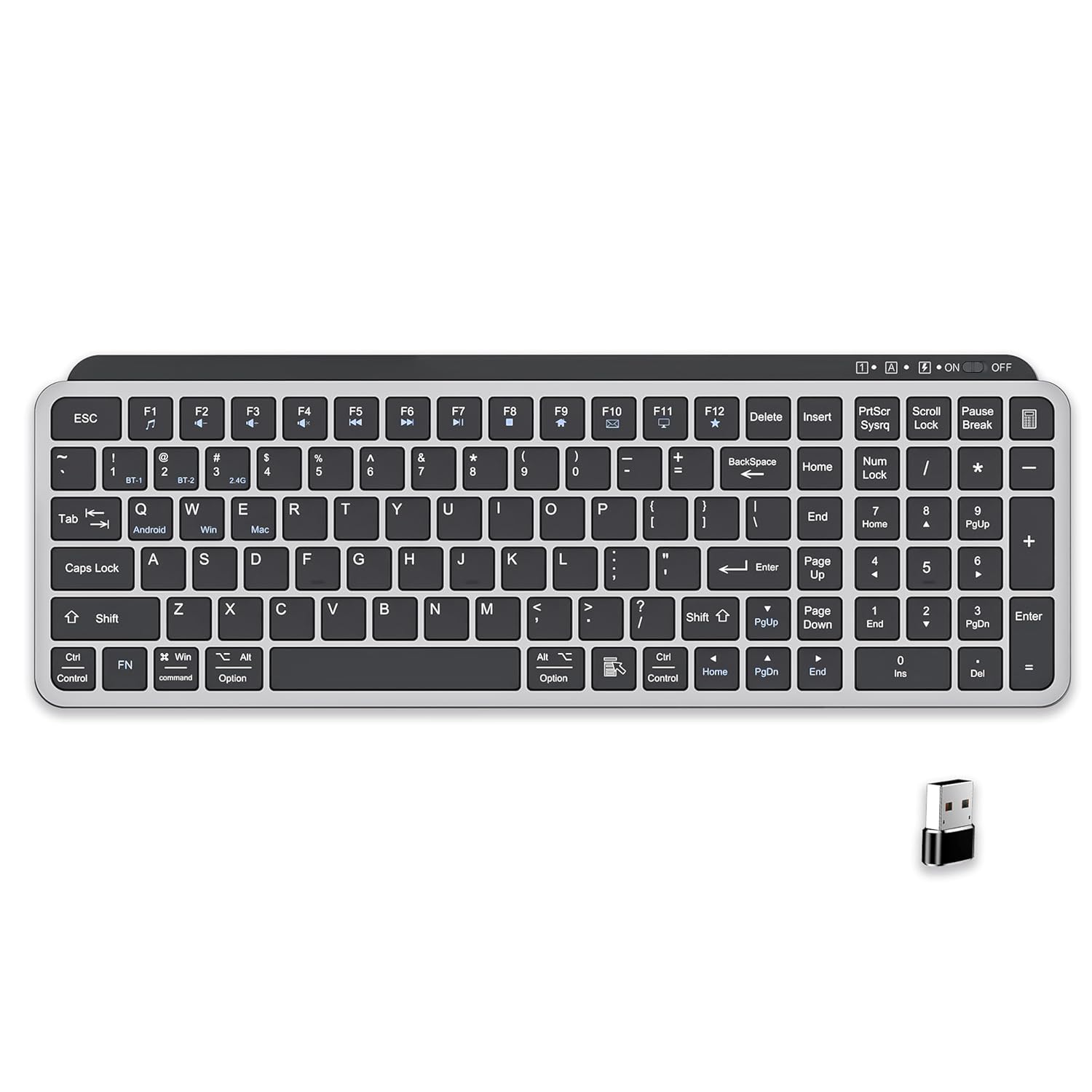 Ant Master 60 Wireless Keyboard, Bluetooth 3.0 & 2.4GHz Connectivity, Silent Scissor Switch Typing Keys, Rechargeable Battery, Multi Device Support Windows Mac Android iOS, Compact Keyboard_Black Grey